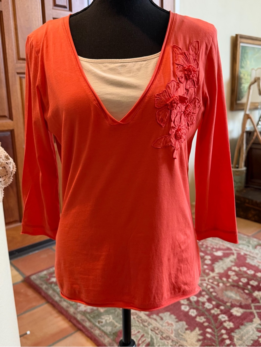 Womyn Coral V-Neck Long Sleeve Top with Floral Appliqué and Under Shirt